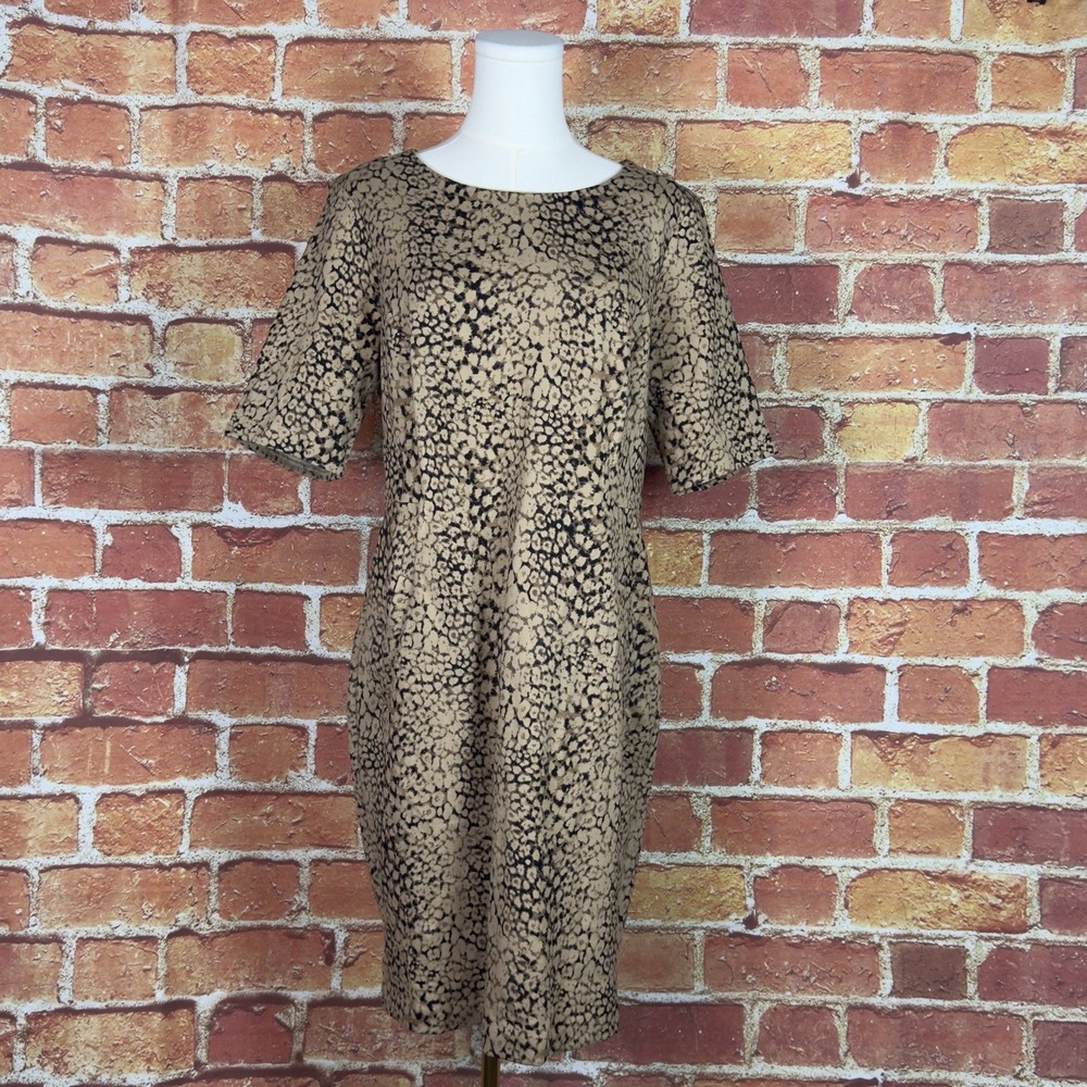Lands'‎ End Dress Size 12 Beige Black Floral Scoop Neck Thick Strech Pockets